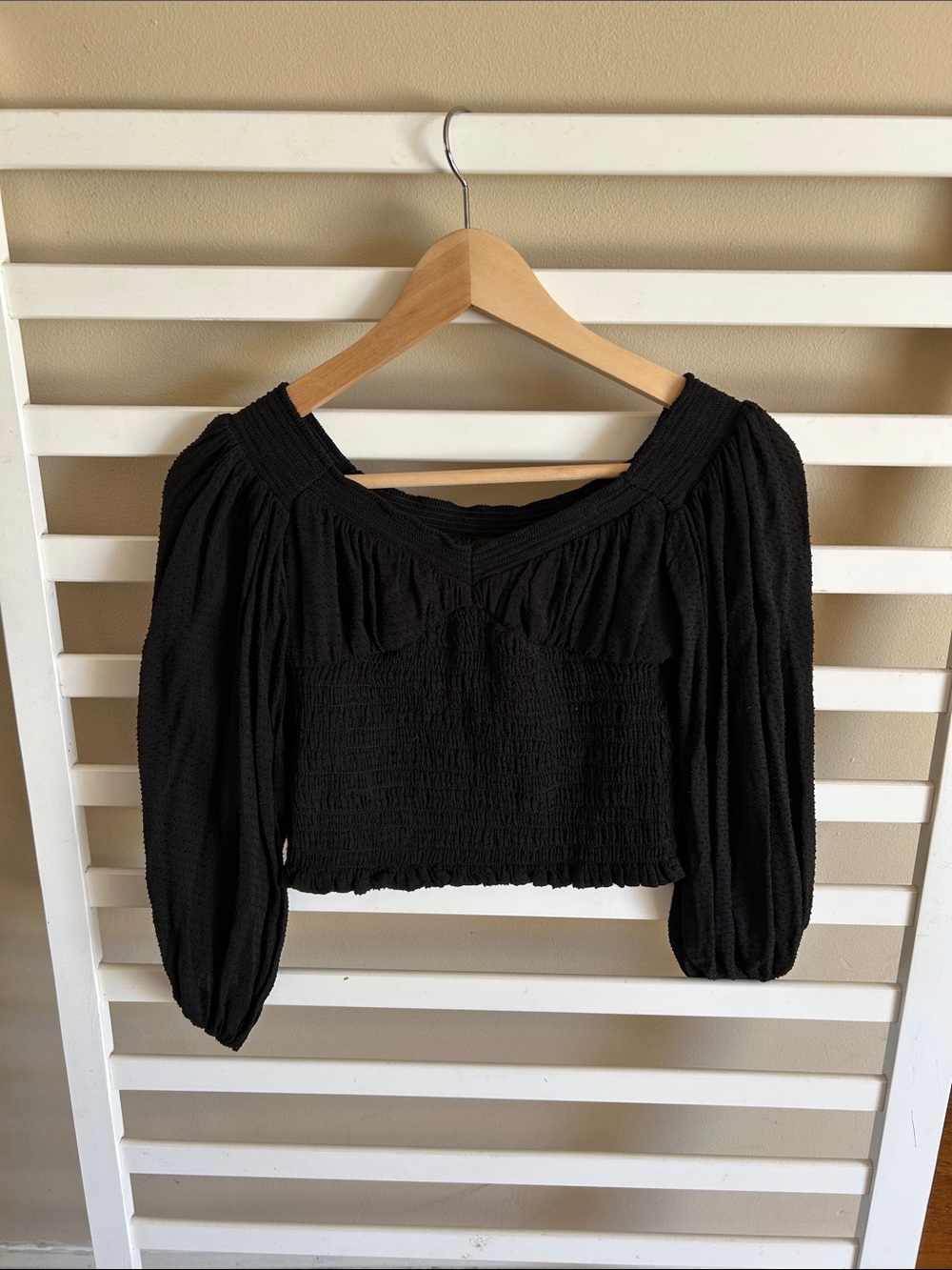 All Saints "Tia" Top Ballon Sleeves Black Square Neck Smocked Off-Shoulder Crop